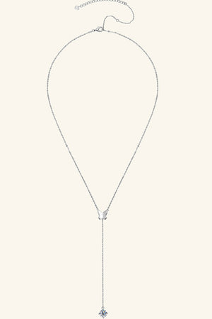 Silver lariat necklace with butterfly pendant and moissanite drop