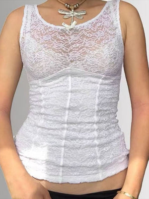 White lace bustier tank top with ruched detailing and scoop neckline.