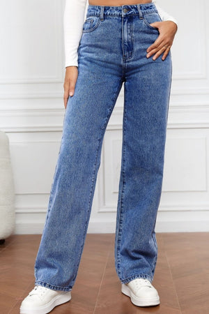 Light blue denim jeans with a wide-leg, sculpted high rise and classic five-pocket styling.