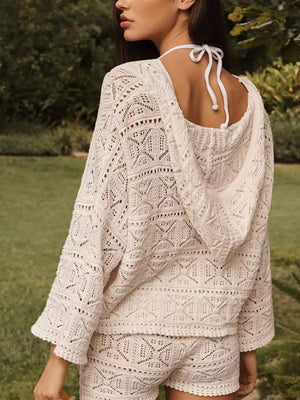 Openwork Hooded Knit Top And Shorts Set in Apricot, back view