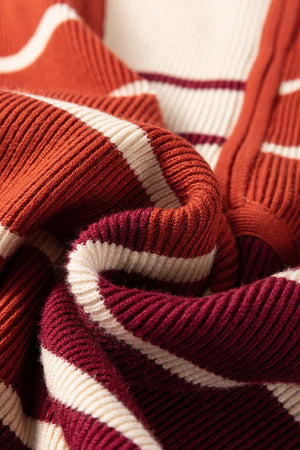 Colorblock ribbed mini dress in terracotta, cream, and burgundy stripes.