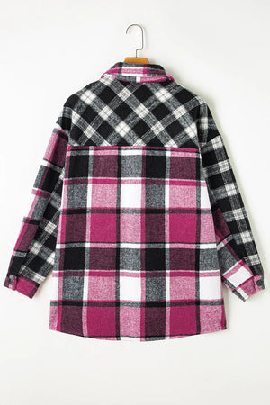 Colorblock plaid oversized shacket with a collared neckline and button cuffs.