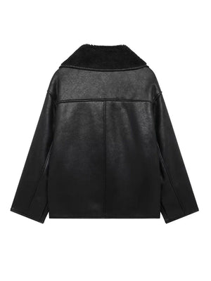 Black oversized aviator jacket with shearling collar and faux leather finish.