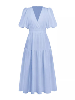 Elegant Puff Sleeve V-neck Midi Dress in Black, view 14