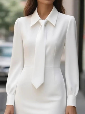 White tie-neck long sleeve dress with buttoned cuffs and a collared neckline.