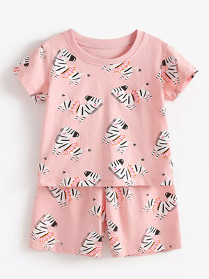 Pink cotton blend toddler top and shorts set with zebra print