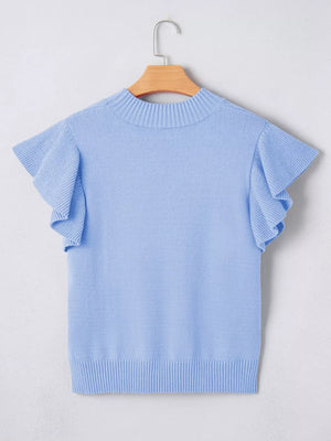 Light blue ribbed knit top with ruffled short sleeves and round neck.