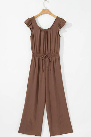 Tan textured drawstring palazzo jumpsuit with ruffle sleeves and wide legs.