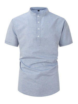 Light blue linen blend henley shirt with mandarin collar and short sleeves