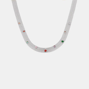 Silver mesh collar necklace with colorful gemstone embellishments