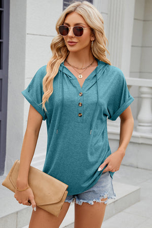 Turquoise Henley hooded tee with rolled sleeves, V-neck, buttons and drawstring.