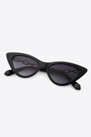 Black cat-eye sunglasses with chain detail on lenses