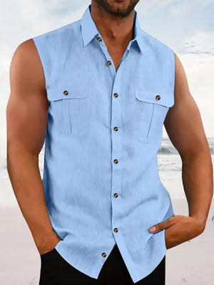Men's Sleeveless Button-up Shirt With Chest Pockets in Blue, close-up detail