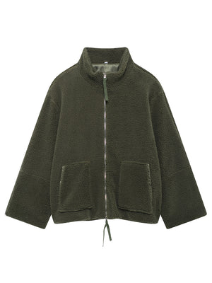 Olive green sherpa jacket with stand collar, zip front, and two patch pockets.
