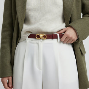 Red cowhide leather belt with gold buckle detail