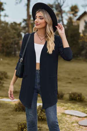 Dark Blue textured open-front cardigan with pockets and 3/4 sleeves.
