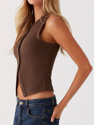Coffee brown ribbed knit button-down crop top with a sleeveless cut.
