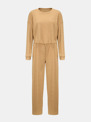Waffle knit cropped lounge set in mocha featuring a crew neck top and wide-leg pants.