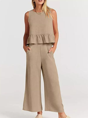 Ruffled Hem Sleeveless Top And Wide-leg Pants Set Plus Size in Black, view 19