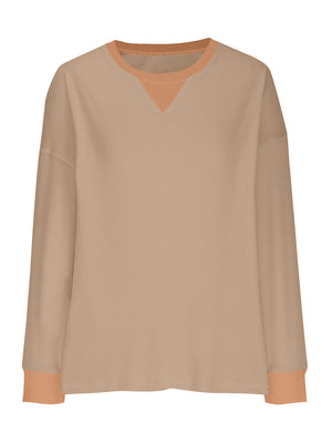 Tan waffle knit raglan sleeve sweatshirt with contrast neckline and cuffs