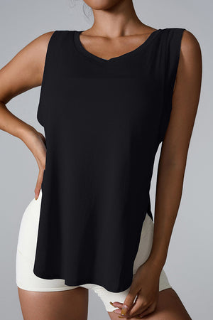 Black performance tank top with asymmetric hemline and side slits