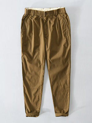 Men's khaki cargo sweatpants with elastic waist and cuffed hem