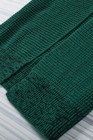 Textured acrylic open cardigan in Black Forest green with a ribbed knit pattern.