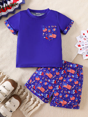 Baby boys patriotic American flag print tee and shorts set with pocket detail
