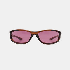 Sculpted sport sunglasses in brown with dark pink lenses.