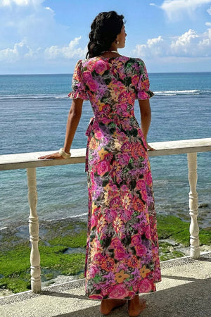 Slit Floral Short Sleeve Maxi Dress in Floral, side view