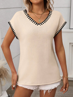 Tan knit v-neck sleeveless sweater with black trim detail
