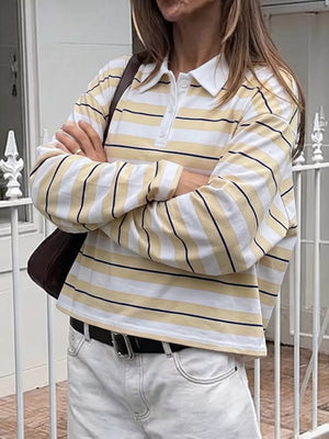 Striped Long Sleeve Polo Top in Yellow, back view