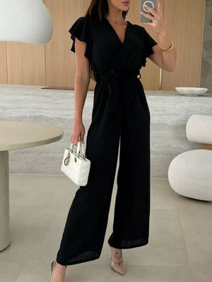 Surplice Ruffle Sleeve Wide Leg Jumpsuit in Black, close-up detail