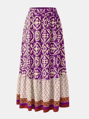 Purple tiered maxi skirt with medallion and diamond prints and elastic waist