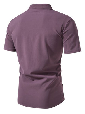 Men's short sleeve button-up shirt in Mauve cotton with a band collar.