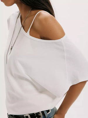 White asymmetrical relaxed fit t-shirt with a V-neck and one shoulder strap.