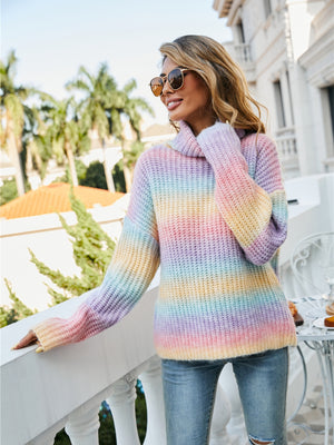 Chunky knit turtleneck sweater with rainbow gradient stripes in pastel colors, acrylic blend.