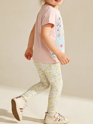 Toddler pink cotton t-shirt with floral bunny applique and matching floral leggings.