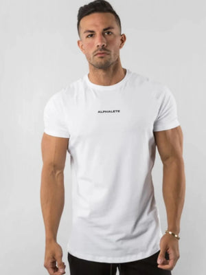 White athletic crew neck t-shirt with small black logo detail on chest.