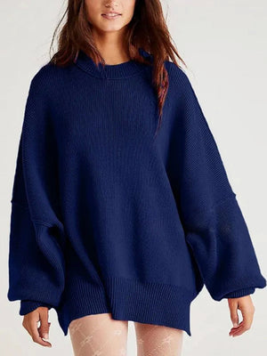 Navy oversized ribbed knit sweater with drop shoulders and crew neck