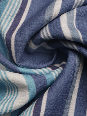 Lively striped drawstring wide-leg pants in blue and white, showing fabric detail.
