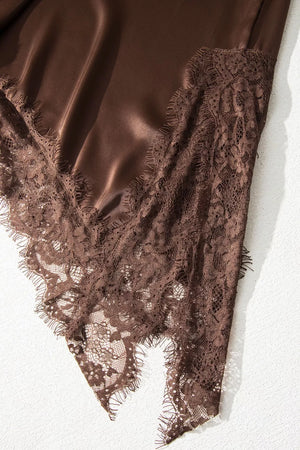 Brown satin maternity blouse with asymmetric lace trim detail