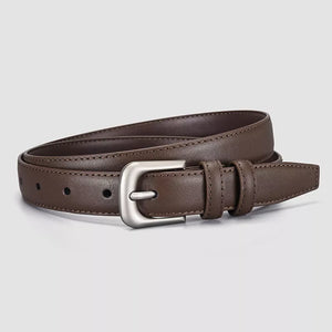 Brown cowhide leather belt with silver buckle and stitched detail