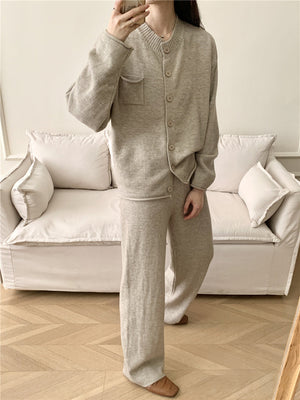 Taupe ribbed knit cardigan and wide leg pants set with button front and chest pocket.
