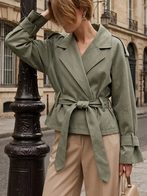 Lapel Collar Belted Cropped Trench in Moss, front view