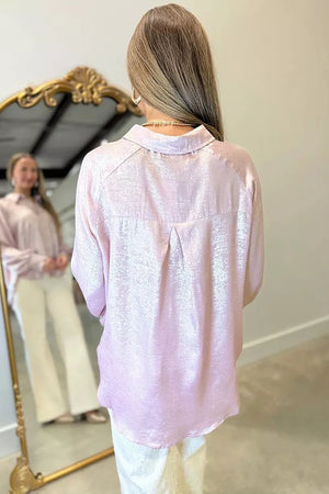 Long Sleeve Button Front Ruffle Cuffs Shirt, model styling view