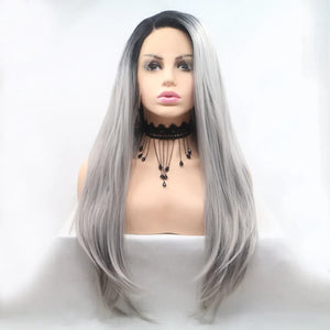 Ombre Cascade lace front wig in black to grey, long straight style with a lace front.