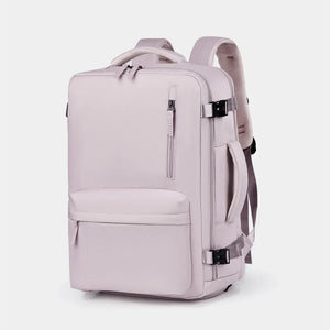 Beige travel backpack with multiple zippered compartments and side handle.