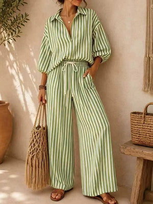Striped Puff Sleeve Shirt And Wide-leg Pants Set in Khaki, view 13
