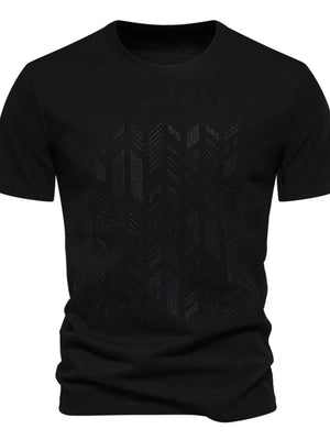 Black embossed geometric t-shirt with a crew neck and short sleeves.
